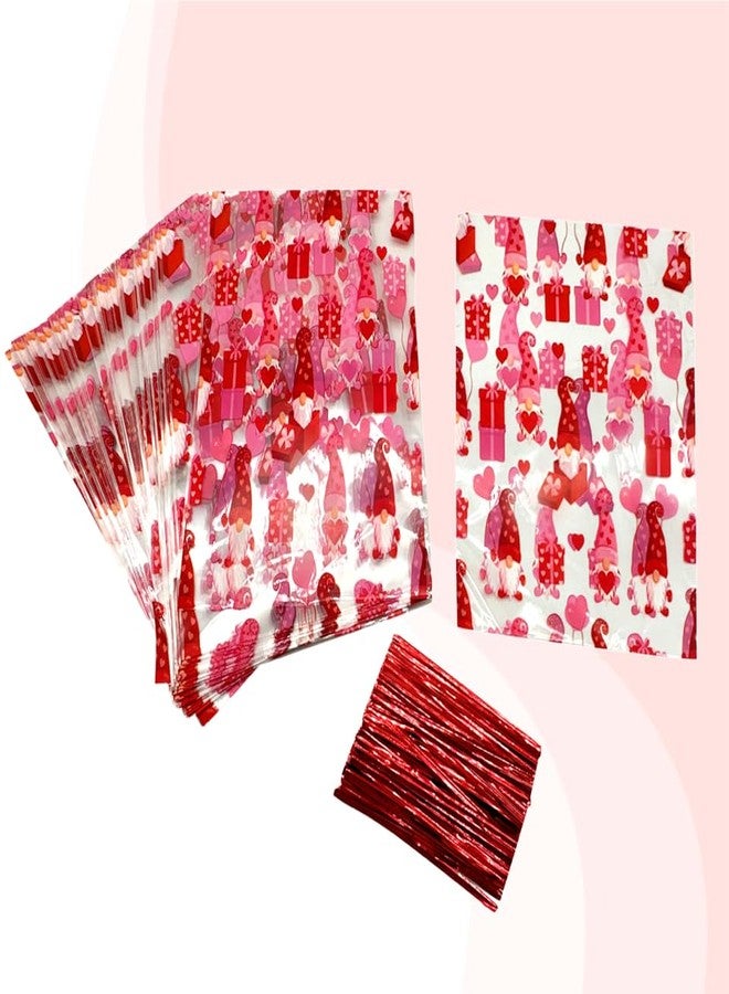 BASHOUT 100-Piece Valentine's Day Cellophane Treat Bags | Red & Pink Gnome Candy Bags with Twist Ties | 9 x 6 Inches - Image 4